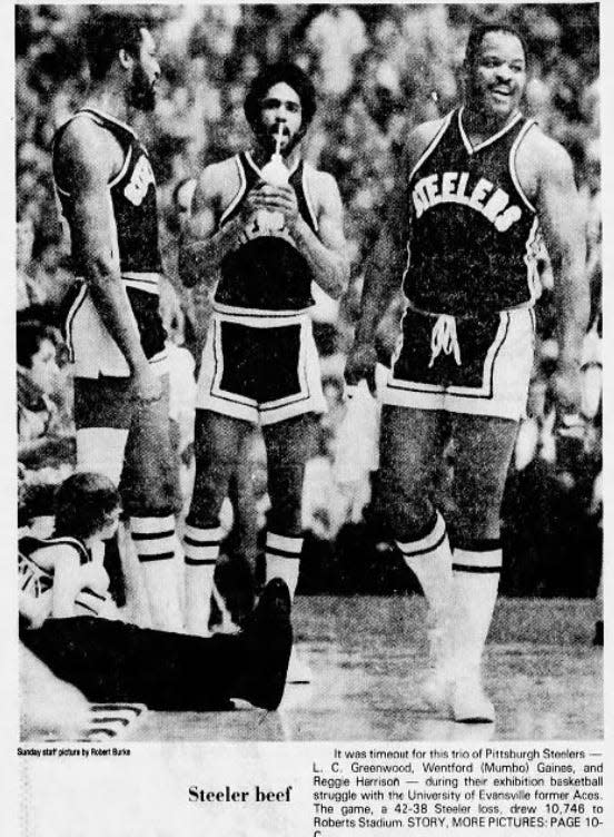 From left, L.C. Greenwood, Wentford Gaines and Reggie Harrison at the 1978 UE benefit game at Roberts Stadium.