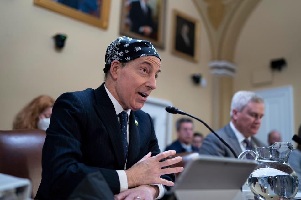 Rep. Jamie Raskin, D-Md., the ranking member of the House Oversight and Accountability Committee, defends the policies of work-from-home rules and telework for federal workers during the COVID-19 emergency as the new Republican majority introduces a bill to limit them, in the House Rules Committee, at the Capitol in Washington, Monday, Jan. 30, 2023.