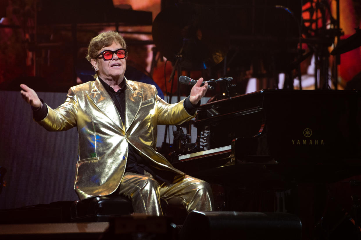 Elton John performs at Day 5 of Glastonbury Festival 2023 on June 25, 2023 in Glastonbury, England. (Photo by Joseph Okpako/WireImage)