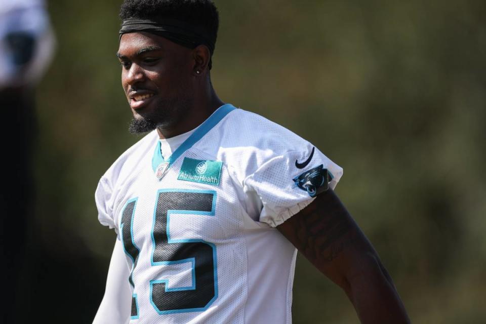 Carolina Panthers rookie wide receiver Jonathan Mingo arrives at a practice during the team’s training camp at Wofford College in Spartanburg, S.C., on Wednesday, July 26, 2023. Khadejeh Nikouyeh/Knikouyeh@charlotteobserver.com