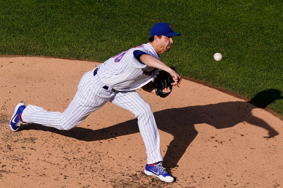 New York Mets starting pitcher Jacob deGrom delivers during the second inning of a baseball game against the Atlanta Braves, Monday, June 21, 2021, in New York. (AP Photo/Kathy Willens)