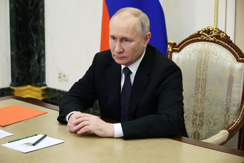 Russian President Vladimir Putin chairs a Security Council meeting via a video link at the Kremlin in Moscow on May 12, 2023. (Photo by Mikhail KLIMENTYEV / SPUTNIK / AFP) (Photo by MIKHAIL KLIMENTYEV/SPUTNIK/AFP via Getty Images)