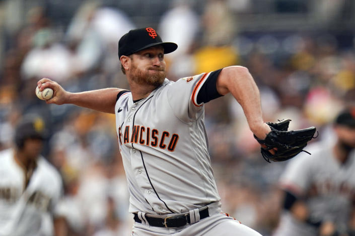 San Francisco Giants starting pitcher Alex Cobb works against a San Diego Padres batter during the first inning of a baseball game Tuesday, Aug. 9, 2022, in San Diego. (AP Photo/Gregory Bull)