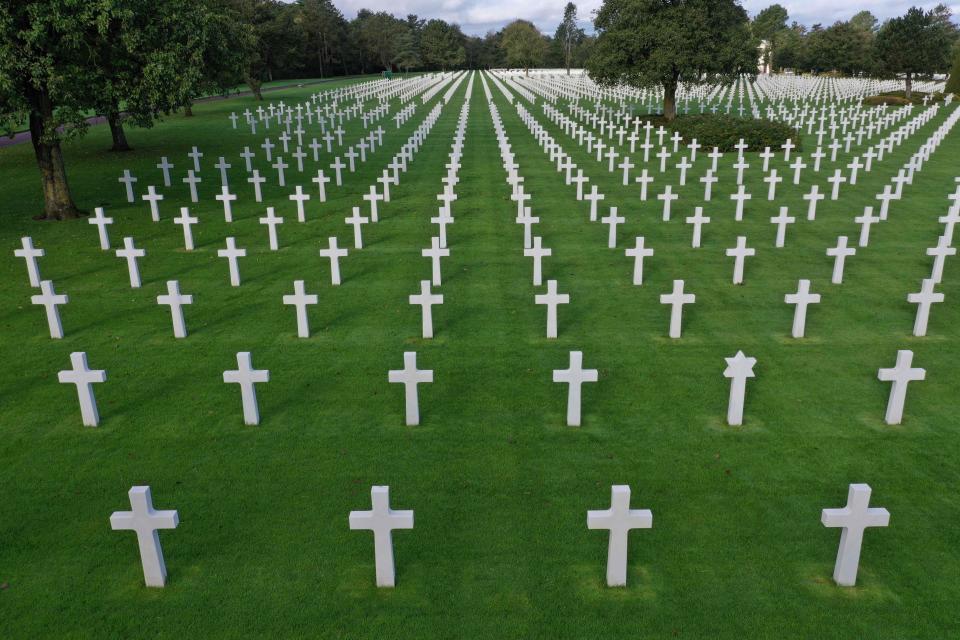 This file photograph taken on Oct. 16, 2018, shows Normandy American Cemetery close to Omaha Beach in Colleville-sur-Mer, on the Normandy coast, northwestern France. The 75th anniversary of the D-day landings will fall on June 6, 2019. (Photo by DAMIEN MEYER / AFP)DAMIEN MEYER/AFP/Getty Images ORIG FILE ID: AFP_1GA8WW