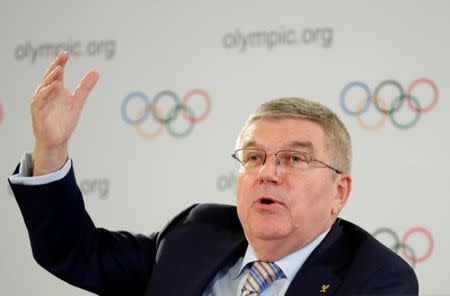 Thomas Bach, President of the International Olympic Committee (IOC) attends a news conference after an Executive Board meeting in Lausanne, Switzerland, July 20, 2018. REUTERS/Denis Balibouse