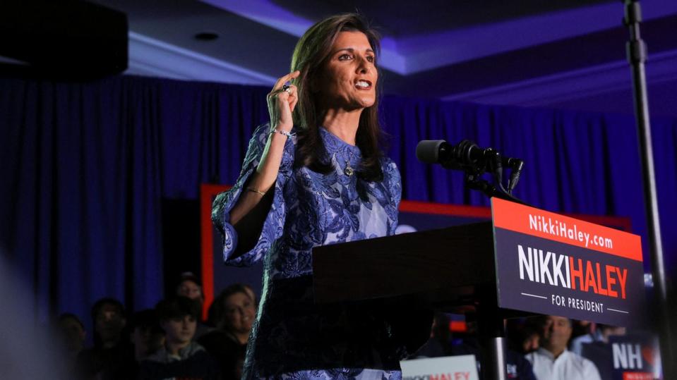 PHOTO: Republican presidential candidate and former U.S. Ambassador to the United Nations Nikki Haley speaks during her New Hampshire presidential primary election night rally, in Concord, N.H., Jan. 23, 2024. (Brian Snyder/Reuters)