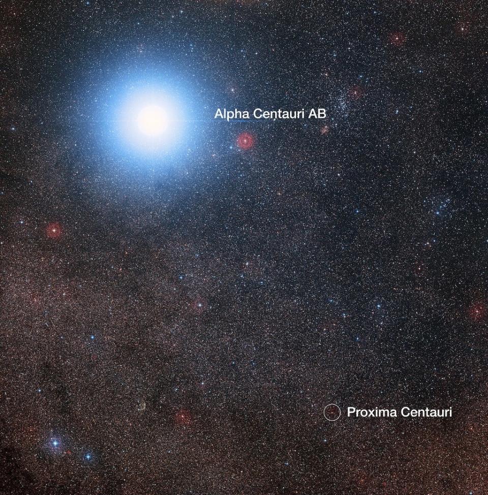 This image of the sky around the bright binary star Alpha Centauri AB also shows the much fainter red dwarf star, Proxima Centauri, the closest star to our own solar system. The photo was created from pictures forming part of the Digitized Sky Survey 2. The blue halo around Alpha Centauri AB is an artifact of the photographic process; the binary is really pale yellow in color, like the sun. <cite>Digitized Sky Survey 2; Acknowledgement: Davide De Martin/Mahdi Zamani</cite>