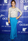 Celebrities in neon fashion: Kate Walsh looked stylish in a bright blue maxi skirt.<br><br>[Rex]