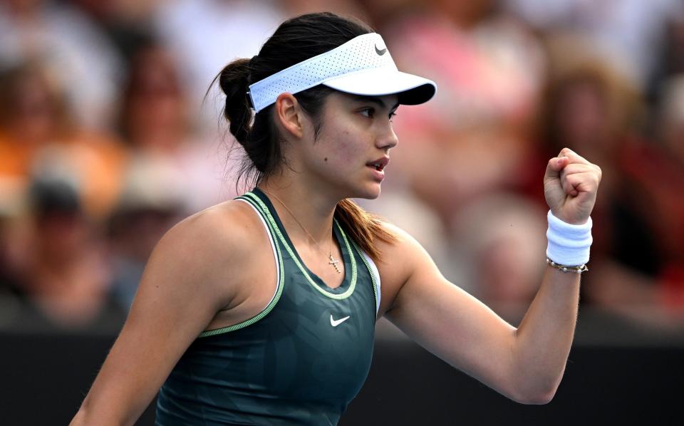 Raducanu celebrates after winning a point in Auckland