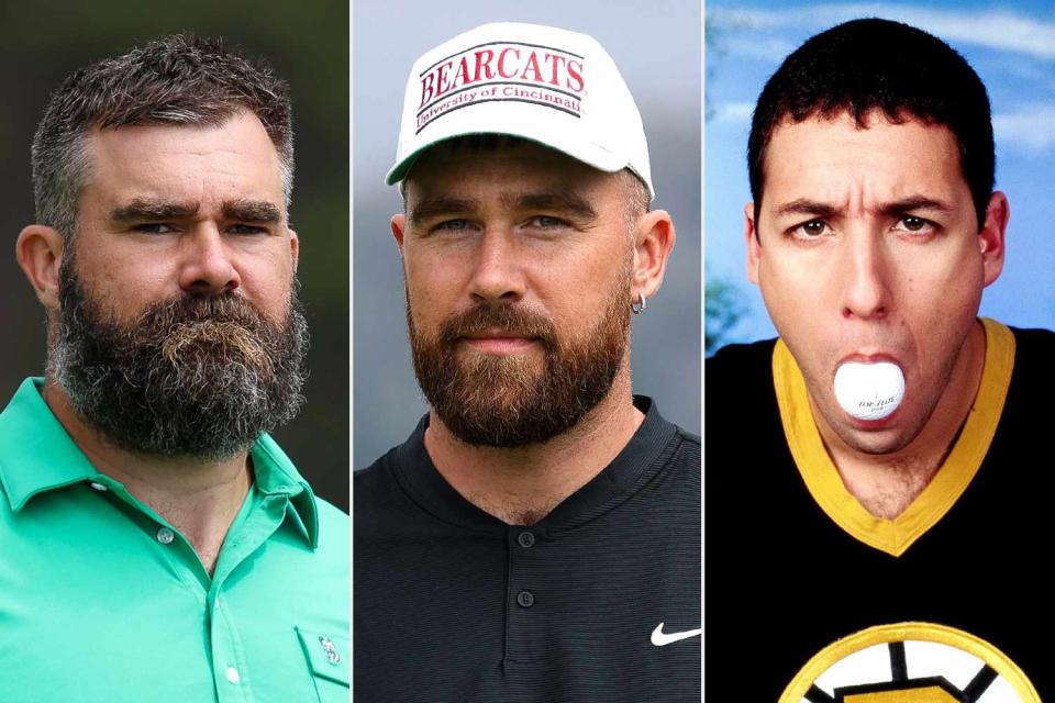 <p>Isaiah Vazquez/Getty (2); Universal/Everett/Shutterstock</p> Jason Kelce, Travis Kelce and Adam Sandler as 