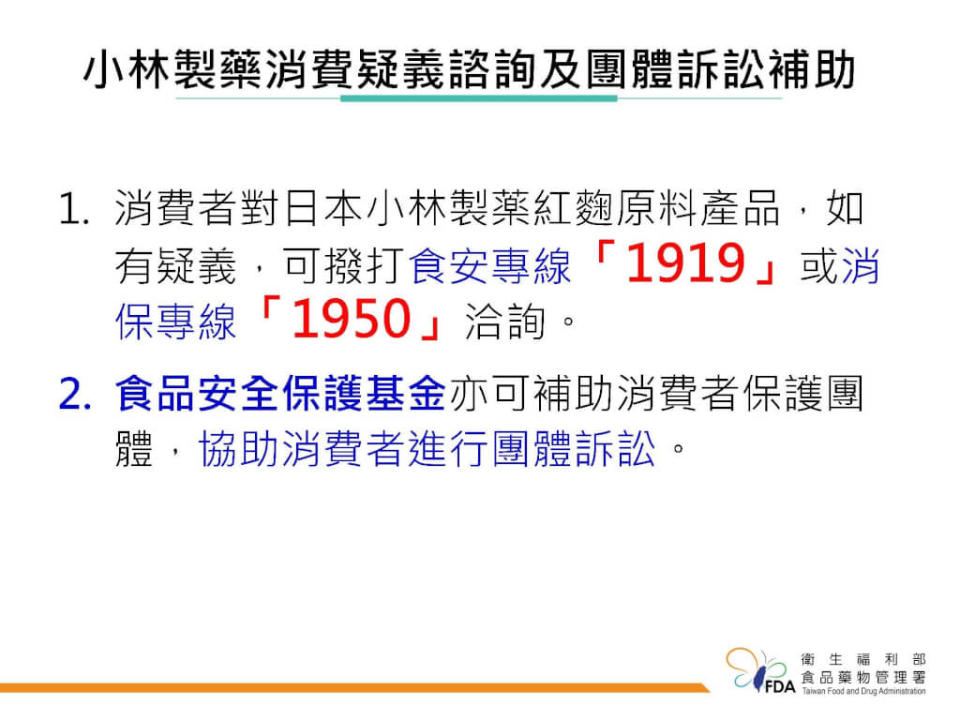食藥署表示，消費者買到含有日本小林製藥紅麴原料產品，如有疑義，可撥打食安專線1919或消保專線1950洽詢。（圖：食藥署提供）