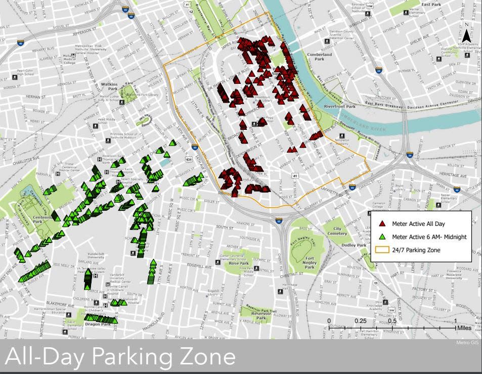 City-owned parking meters in Nashville will move to 24/7 enforcement within the yellow boundary starting in February. Meters outside of that area, shown in green, will be active from 6 a.m. through midnight, seven days a week.