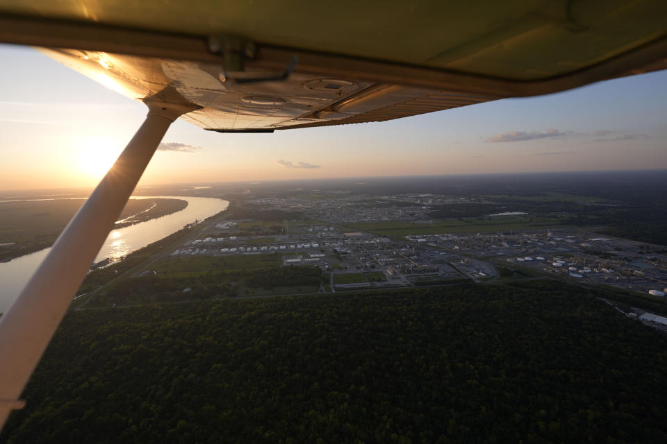 A chemical and petroleum industrial corridor, that is a known source of ethylene oxide emissions, is seen along the Mississippi River from this aerial photo, in Ascension Parish, La., Friday, June 7, 2024. (AP Photo/Gerald Herbert)