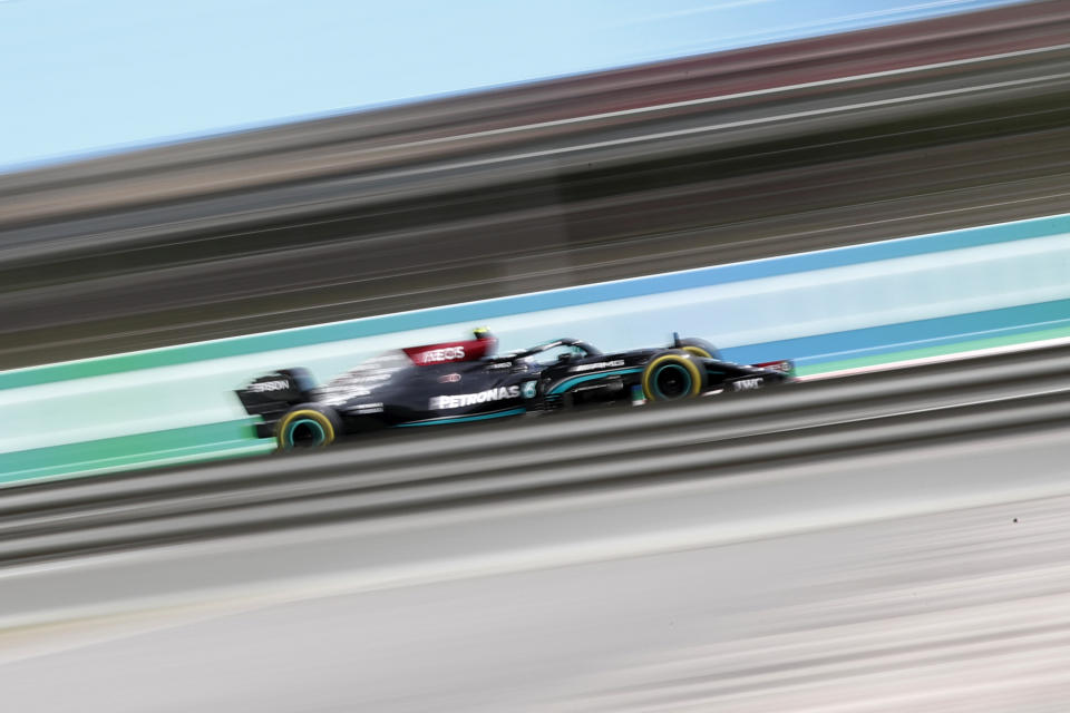 Mercedes driver Valtteri Bottas of Finland steers his car during the Spanish Formula One Grand Prix at the Barcelona Catalunya racetrack in Montmelo, just outside Barcelona, Spain, Sunday, May 9, 2021. (AP Photo/Joan Monfort)