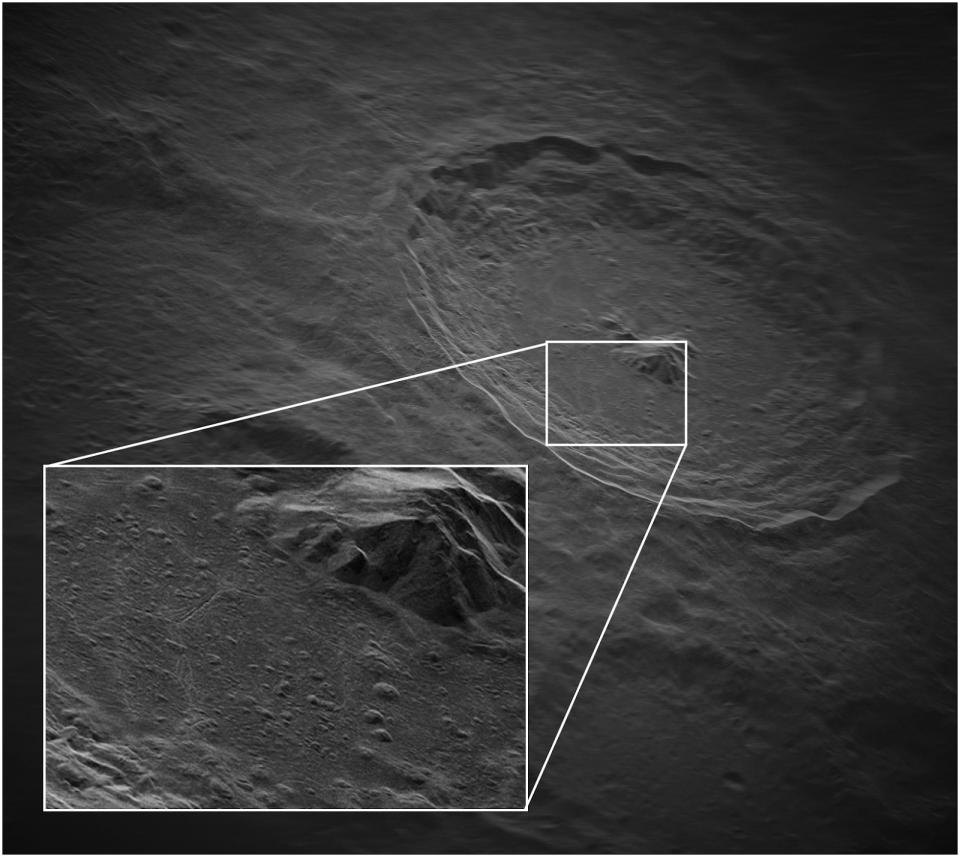 A black-and-white image of the moon's Tycho crater captured by the GBT's ngRADAR system