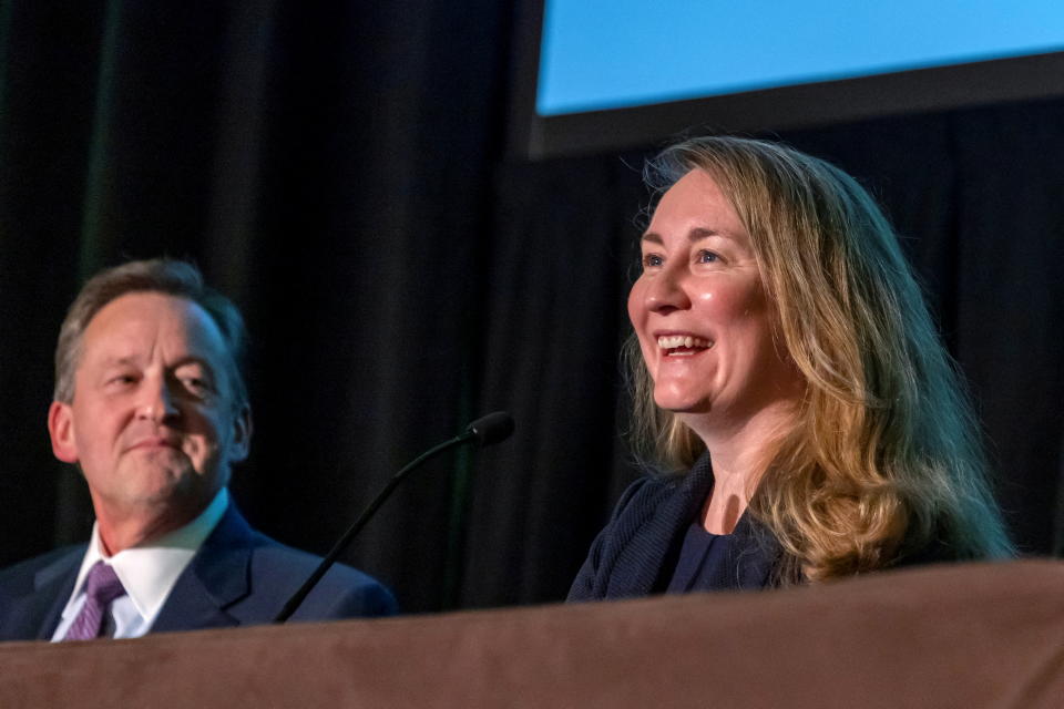 A advogada Kathleen McCormick, do tribunal de Delaware, fala durante uma reunião dos principais consultores globais de fusões e aquisições, incluindo os principais banqueiros de investimento e advogados de Wall Street, no 35º Tulane Corporate Law Institute anual em Nova Orleans, Louisiana, EUA, em 23 de março.  2023. Reuters/Kathleen Flynn