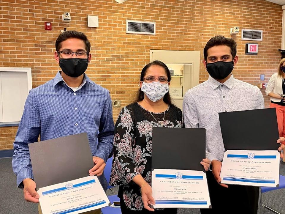 Shlok Patel, left; his mother, Hema Patel, and his brother, Shivam Patel.