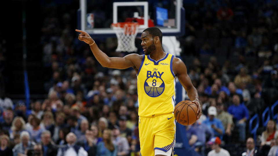 Golden State Warriors' Alec Burks (8) during the first half of an NBA basketball game in Oklahoma City, Saturday, Nov. 9, 2019. (AP Photo/Garett Fisbeck)