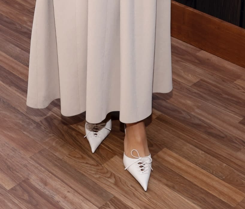 A closer look at the corset pumps worn by Camila Mendes for "The Strangers: Chapter 1" screening in Los Angeles