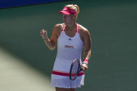 Angelique Kerber, of Germany, reacts after winning a match against Ann Li, off the United States, during the third round of the US Open tennis championships, Friday, Sept. 4, 2020, in New York. (AP Photo/Seth Wenig)