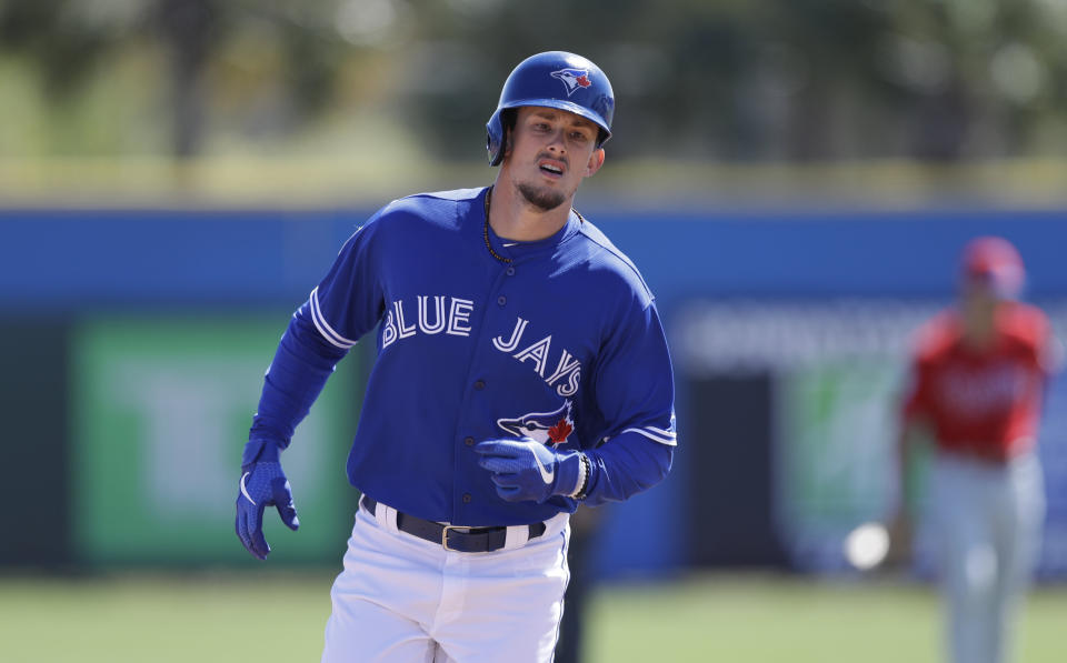 Toronto Blue Jays' Cavan Biggio after his home run against the Philadelphia Phillies during the second inning of a spring training baseball game Wednesday, March 6, 2019, in Dunedin, Fla. (AP Photo/Chris O'Meara)