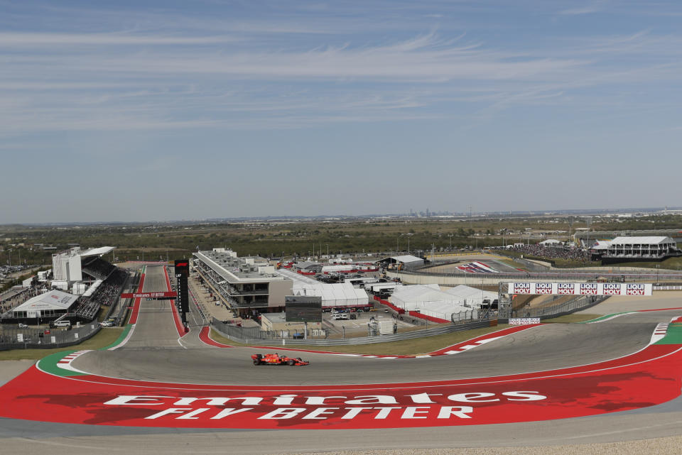 File-This Nov. 2, 2019, file photo shows Ferrari driver Sebastian Vettel, of Germany, steering his car during the final practice session for the Formula One U.S. Grand Prix auto race at the Circuit of the Americas in Austin, Texas. NASCAR wanted new energy and ideas this season and Marcus Smith has been pivotal in helping the sport deliver. The head of Speedway Motorsports dumped dirt all over Bristol Motor Speedway earlier this season and now guides NASCAR into a new market with this weekend’s triple-header at Circuit of the Americas in Austin. (AP Photo/Eric Gay, File)