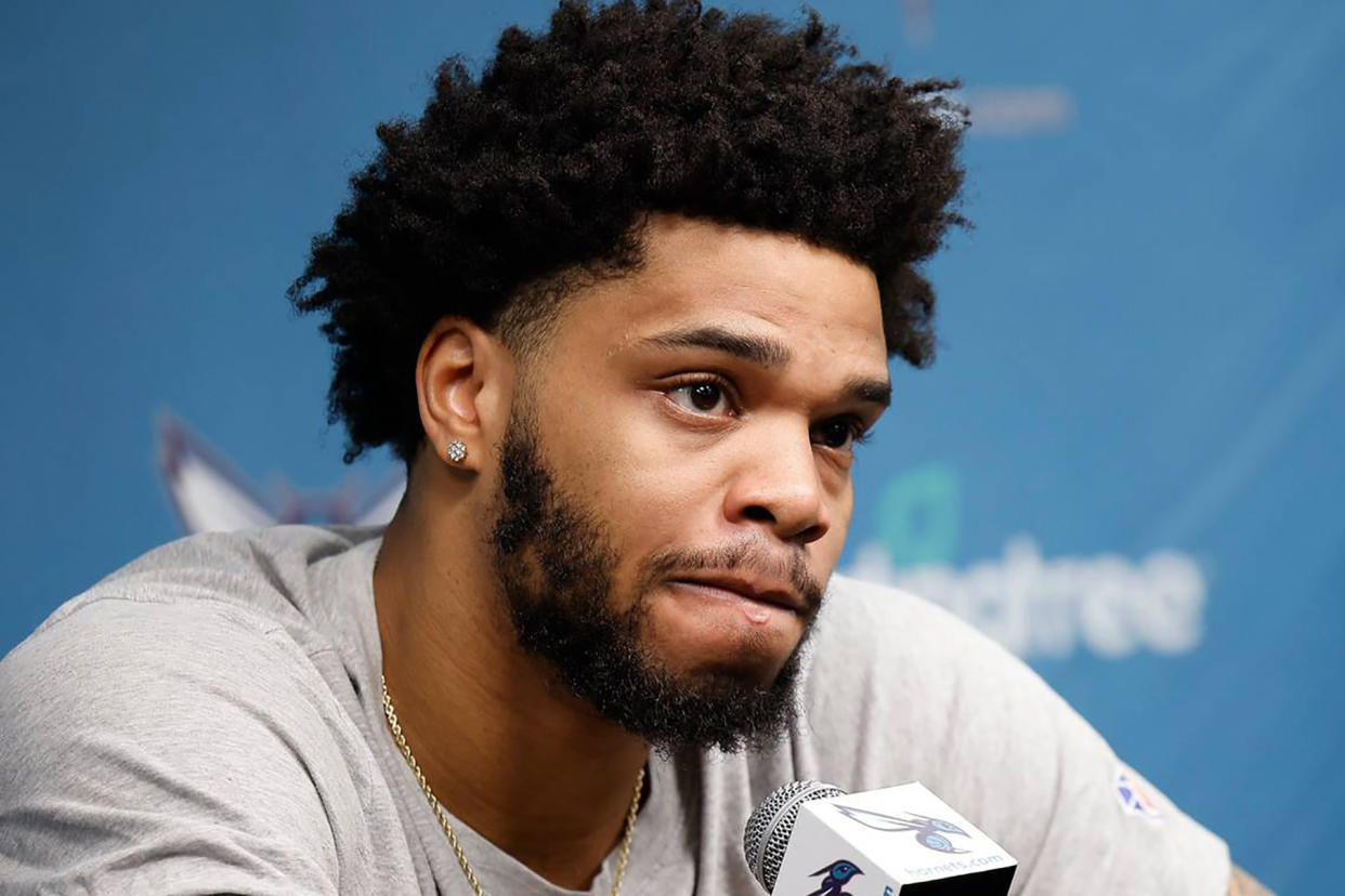 Miles Bridges, seen here during a 2022 news conference, addressed media directly on Tuesday for the first time since his domestic violence arrest. (Alex Slitz/Charlotte Observer via Getty Images)