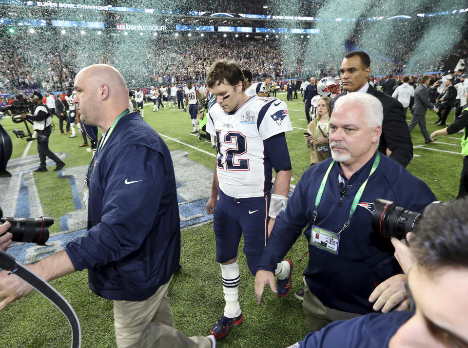 New England Patriots quarterback Tom Brady after Super Bowl LII. (AP)