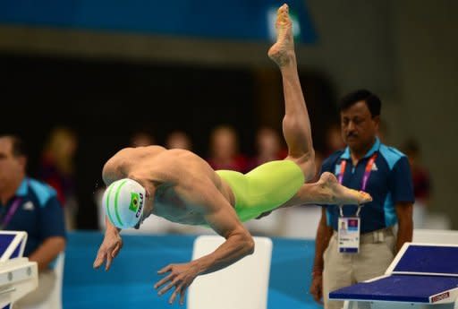 Brazil's Cesar Cielo dives during the men's 100m freestyle heats at the London 2012 Olympic Games, on July 31. Cielo launches his defence of the 50m freestyle title on Thursday seeking to extend his dominance in the one-lap "splash and dash."