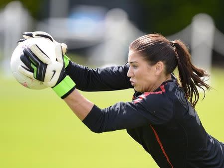 U.S. Olympic women's soccer player Hope Solo attends a training session during the London 2012 Olympic Games at Eltham College in London August 8, 2012. REUTERS/Nigel Roddis