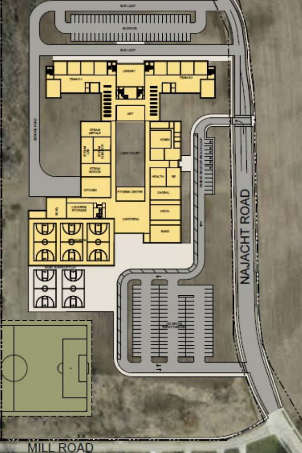 A proposed layout of the new Urban Middle School shows where Najacht Road would be widened. The northernmost loop is where buses will drop off students and the loop on the east and south sides will be utilized by parents.