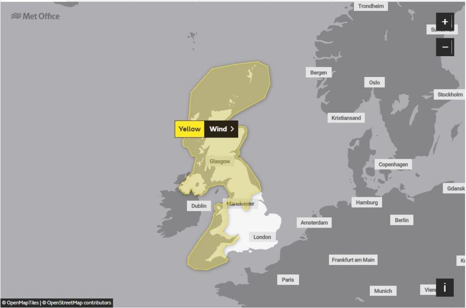 A yellow weather warning for wind has been issued on Monday morning (Met Office)