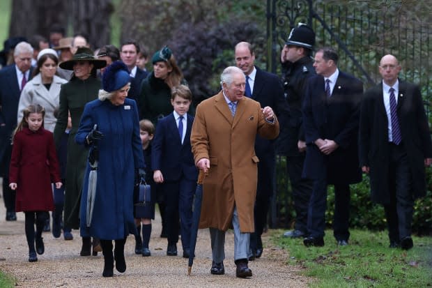SANDRINGHAM, NORFOLK - DECEMBER 25: Camilla, Queen Consort and King Charles III attend the Christmas Day service at St Mary Magdalene Church on December 25, 2022 in Sandringham, Norfolk. King Charles III ascended to the throne on September 8, 2022, with his coronation set for May 6, 2023. (Photo by Stephen Pond/Getty Images)<p><a href="https://www.gettyimages.com/detail/1452341496" rel="nofollow noopener" target="_blank" data-ylk="slk:Stephen Pond/Getty Images;elm:context_link;itc:0;sec:content-canvas" class="link ">Stephen Pond/Getty Images</a></p>