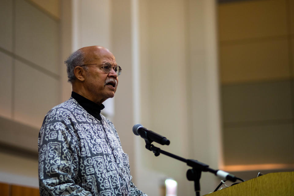 Abdul Alkalimat, brother of Sandra McWorter Marsh, addresses the crowd at a luncheon held at Chicago's Kennedy-King College in February 2023 to honor Marsh's donation of more than 1,700 cookbooks to the school's culinary program. Alkalimat, 80, and Marsh, 81, are great-great-grandchildren of Free Frank McWorter, who in 1836 became the first known African American to found and plat a U.S. municipality when he established New Philadelphia, Illinois.