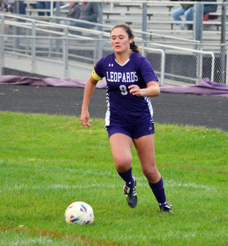 Smithsburg's Maddie Kesselring controls the ball against St. Maria Goretti during the Leopards' 5-3 win at home on Oct. 17, 2022. Kesselring scored two goals in the game.