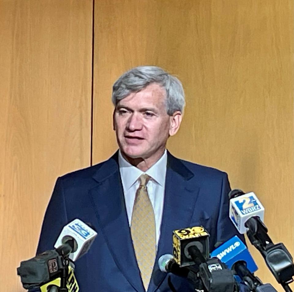 Republican Tim Temple addresses reporters at the Louisiana State Archives on Aug. 8, 2023 after qualifying for the insurance commissioner's race. Temple was elected automatically after his only opponent withdrew from the race Aug. 16, 2023.