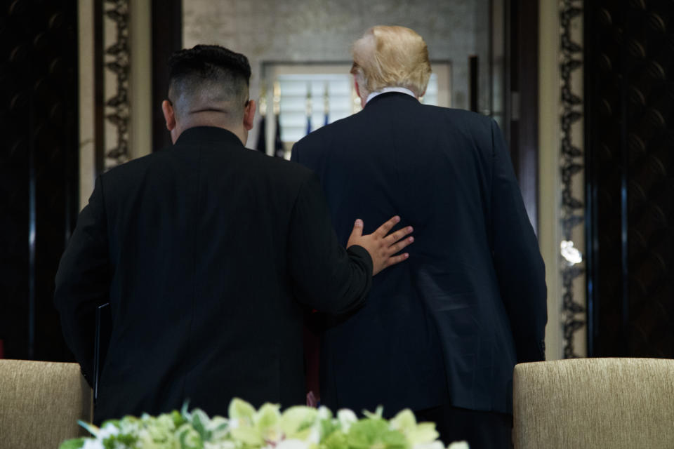 In this June 12, 2018, file photo, President Donald Trump and North Korean leader Kim Jong Un walk off after a signing ceremony during a meeting on Sentosa Island in Singapore. Trump and Kim are planning a second summit in the Vietnam capital of Hanoi, Feb. 27-28. (AP Photo/Evan Vucci, File)