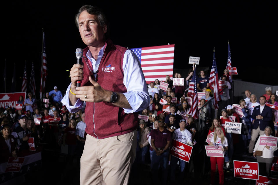 Republican gubernatorial candidate Glenn Youngkin speaks during a rally in Glen Allen, Va., Saturday, Oct. 23, 2021. Youngkin will face Democrat Terry McAuliffe in the November election. (AP Photo/Steve Helber)