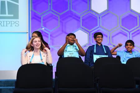 May 31, 2018; National Harbor, MD, USA; Competitors celebrate making it to the evening round of the finals during the 2018 Scripps National Spelling Bee at the Gaylord National Resort and Convention Center. Mandatory Credit: Jack Gruber-USA TODAY NETWORK