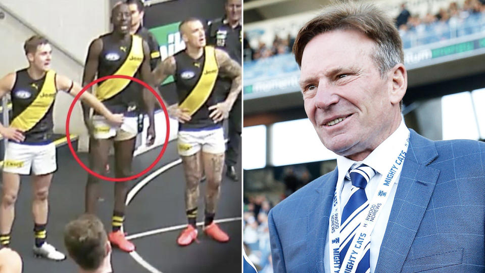 Sam Newman (pictured right) smiling and Jayden Short (pictured left) allegedly caught groping Richmond teammate Mabior Chol.