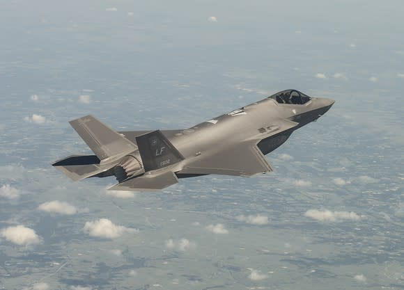 An F-35 flying above the clouds.