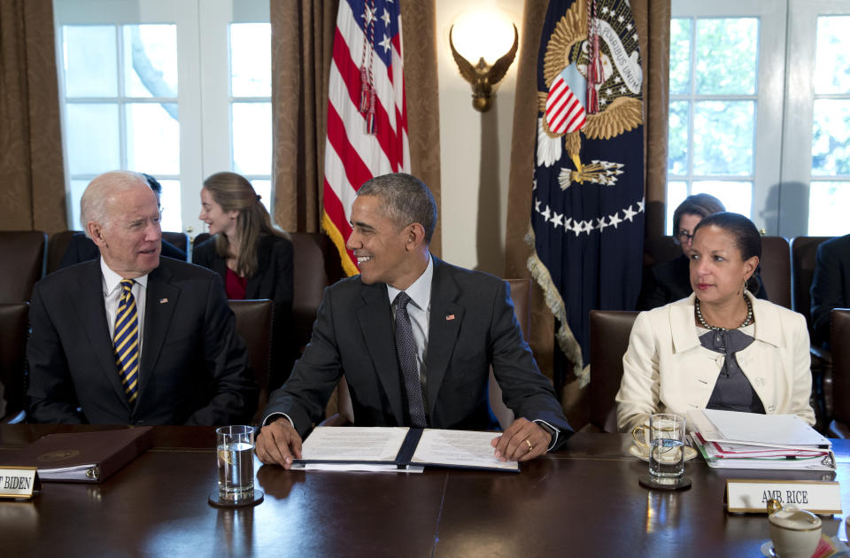FILE - In this April 5, 2016, file photo President Barack Obama looks to Vice President Joe Biden, left, as National Security Adviser Susan Rice, sits right, before he speaks to media during a meeting with Combatant Commanders and Joint Chiefs of Staff in the Cabinet Room of the White House in Washington. President Joe Biden said Monday, April 24, 2023, that his domestic policy adviser, Susan Rice, will leave her post next month. As director of the White House Domestic Policy Council, Rice had broad sway on the administration's approach to health care, immigration and racial inequality. (AP Photo/Carolyn Kaster, File)