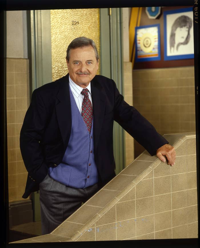 Bill as Mr. Feeny standing in the school hallway