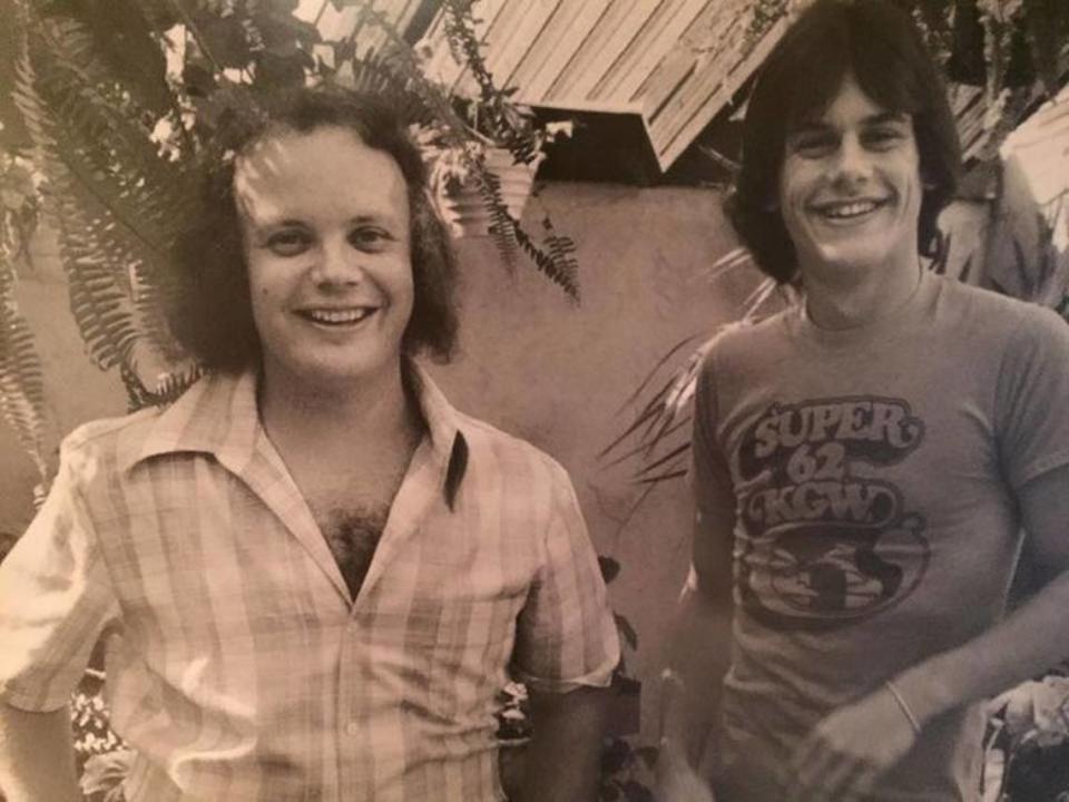 Y-100 radio programmer and DJ Bill Tanner (left) and pop music star Harry Wayne Casey of KC and the Sunshine Band in Miami in the 1970s in a Facebook post.