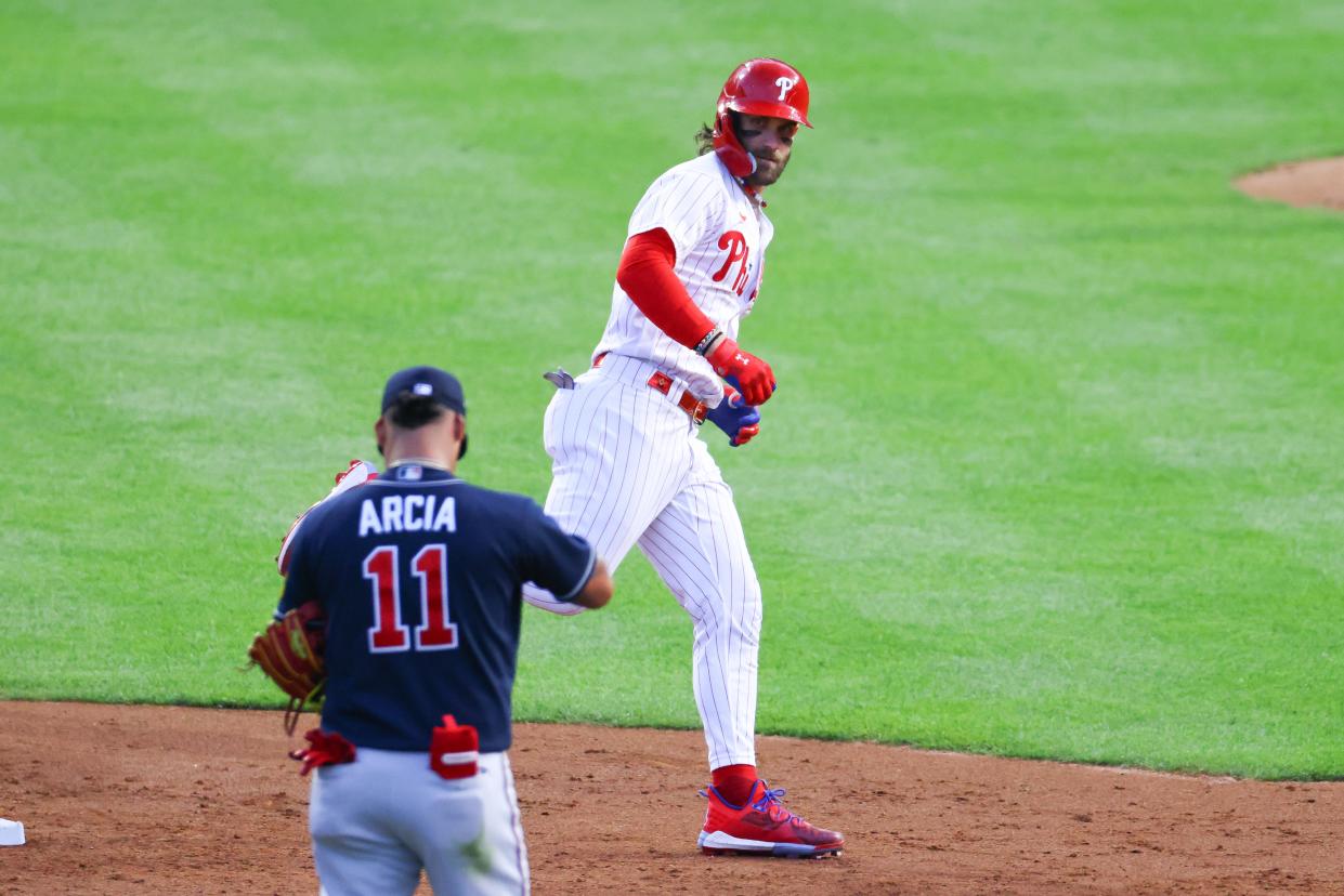 Bryce Harper and the Phillies got the last word in the NLDS. (Rich Graessle/Icon Sportswire via Getty Images)