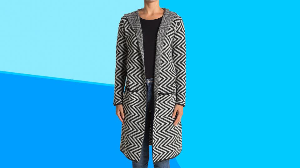 This cozy cardigan has a hood to keep you warm and stylish all fall long.