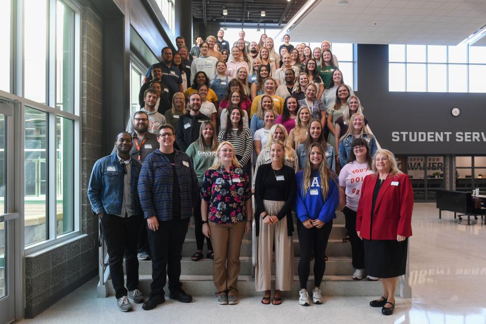 First-time teachers in the Sioux Falls School District pose for a photo at Jefferson High School in Sioux Falls, South Dakota on Monday, August 14, 2023 after receiving grant money to stock their classrooms.