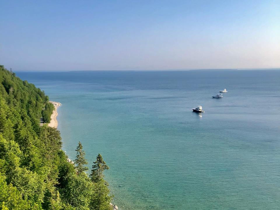 View from Arch Rock, blue waters and green trees