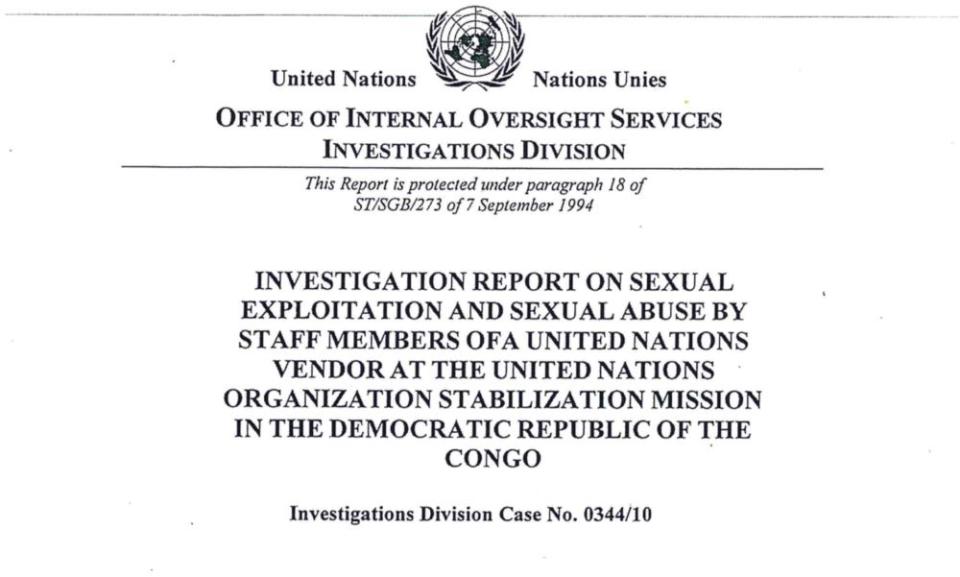 Cover of report in to sexual abuse by UTair employees at a UN base called Kalemie in Democratic Repbulic of Congo. Photograph: OIOS