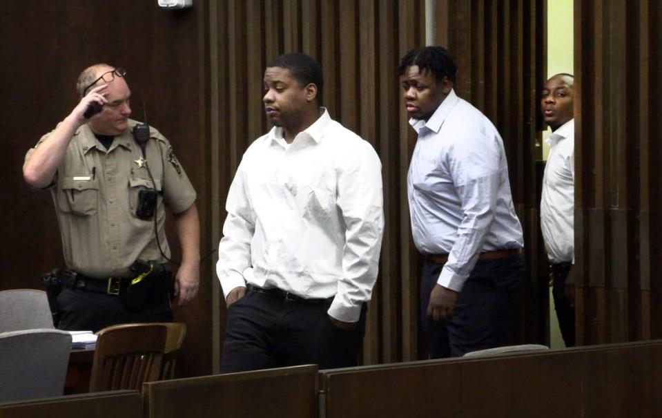 Defendants Terrance Upshaw, 31, Rodderick Glanton, 28, and Homer Upshaw, 28, enter the courtroom Monday morning prior to the beginning of closing arguments. 11/13/2023